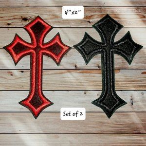 Lot of 2 - Cross Embroidery Iron-on Applique Patch - Black & Red